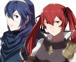  2girls blue_eyes blue_hair closed_mouth fire_emblem fire_emblem_awakening fire_emblem_fates long_hair looking_at_viewer lucina_(fire_emblem) multiple_girls parted_lips red_eyes red_hair rem_sora410 ribbon selena_(fire_emblem_fates) smile tiara twintails upper_body vest 
