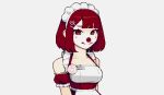  1girl 98fumi arm_strap bangs blunt_bangs breasts brown_eyes clown clown_nose english_commentary grey_background looking_at_viewer medium_breasts name_tag original pixel_art red_hair short_hair shoulders smile solo upper_body 