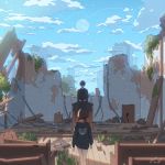  1boy 1girl arms_at_sides artist_name bench bibido black_coat black_hair brown_hair cable cloud coat collar day from_behind highres hood hoodie moon original pew plank red_collar ruins short_hair standing 