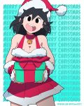  1girl aqua_background bell bell_choker black_eyes black_hair box breasts choker christmas cleavage cowboy_shot gift gift_box hat highres long_hair looking_at_viewer lucia_(scott_malin) medium_breasts merry_christmas open_mouth original pleated_skirt red_choker red_skirt santa_hat scott_malin skirt solo watermark web_address 