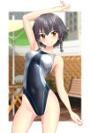  1girl absurdres bangs beach_umbrella bench black_hair black_swimsuit blurry braid brown_eyes chair competition_swimsuit cowboy_shot depth_of_field fence girls_und_panzer grin highres looking_at_viewer one-piece_swimsuit pepperoni_(girls_und_panzer) short_hair side_braid smile solo swimsuit takafumi two-tone_background umbrella 