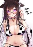  1girl absurdres animal_ears animal_print armpit_crease azur_lane bare_shoulders bell bikini black-framed_eyewear black_hair breasts choker cleavage collarbone cow_ears cow_girl cow_print cow_tail glasses gradient gradient_background groin hand_on_eyewear hand_up happy_new_year heart heart-shaped_pupils hecha_(01964237) highres jingle_bell kashino_(azur_lane) large_breasts long_hair looking_at_viewer navel new_year off_shoulder parted_lips purple_eyes shirt side-tie_bikini skindentation solo stomach string_bikini sweat swimsuit symbol-shaped_pupils tail thighhighs white_bikini white_legwear white_shirt 