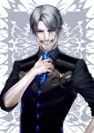  1boy black_shirt black_vest blue_neckwear facial_hair fate/grand_order fate_(series) grey_hair hand_up highres james_moriarty_(fate/grand_order) looking_at_viewer male_focus mustache necktie shirt simple_background solo standing suzuki_rui upper_body vest 