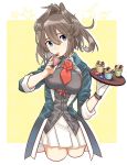  1girl ascot belt blue_eyes brown_belt brown_hair cropped_legs cupcake flower food gloves kantai_collection long_hair looking_at_viewer messy_hair military military_uniform pleated_skirt red_flower red_neckwear red_rose rose sagamiso sheffield_(kantai_collection) single_glove skirt solo uniform white_gloves white_skirt 