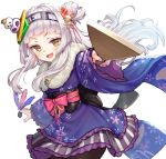  1girl :d black_legwear cowboy_shot floral_print fur_trim green_eyes grey_hair hagoita hair_bun hair_ornament hanetsuki hololive japanese_clothes kanzashi kimono long_hair long_sleeves looking_at_viewer multicolored multicolored_eyes murasaki_shion nail_polish obi official_alternate_costume open_mouth paddle pantyhose pensuke purple_eyes purple_nails sash shuttlecock simple_background smile solo symbol_commentary virtual_youtuber white_background wide_sleeves 