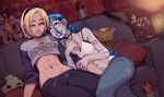  2girls abs ahri alcohol ammunition arm_hug arm_tattoo between_legs blonde_hair blue_eyes blue_hair braid bullet cameo cartridge casual character_doll character_request choker clothes_writing commentary commission couch crop_top cross cross_earrings cup denim drawstring drinking_glass ear_piercing earrings english_commentary eye_contact eyeshadow figure flat_chest forehead gradient_hair grin groin hand_between_legs hoop_earrings implied_fingering indoors jeans jewelry jinx_(league_of_legends) k/da_(league_of_legends) k/da_akali league_of_legends lips lipstick looking_at_another lowleg lowleg_pants makeup mascara multicolored_hair multiple_girls navel on_couch panties pants piercing pink_hair raglan_sleeves reclining sitting smile sweatpants tattoo toned twin_braids two-tone_hair underwear vashperado wine wine_glass yuri 