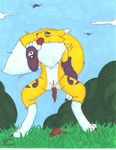  anus black_sclera blue_eyes chest_tuft crouching digimon doc_icenogle eating_shit facial_markings feces female fur gloves markings outside pussy renamon scat tuft 