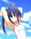  armpits arms_up blue_hair cilfy long_hair one-piece_swimsuit original pointy_ears ponytail purple_eyes school_swimsuit solo swimsuit white_school_swimsuit white_swimsuit 