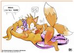  archie_comics battle_angel breasts bunnie_rabbot canine duo english_text female fox fox_tail male mammal miles_prower multiple_tails nipples plain_background sega sonic_(series) sonic_team stomach tails text white_background 