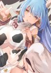  1girl animal_ears animal_print blue_hair breasts cow_ears cow_horns cow_print draph eyebrows_visible_through_hair granblue_fantasy highres horns large_breasts long_hair looking_at_viewer open_mouth shatola_(granblue_fantasy) solo thighhighs triangle_mouth yellow_eyes yohane 