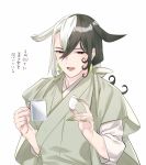 1boy ashiya_douman_(fate) asymmetrical_hair black_eyes black_hair cup curly_hair earrings fate/grand_order fate_(series) fingernails food green_kimono green_nails hair_between_eyes hair_intakes hinoya holding holding_cup holding_food japanese_clothes jewelry kimono long_hair looking_at_viewer magatama magatama_earrings male_focus marshmallow multicolored_hair open_mouth sharp_fingernails solo translation_request two-tone_hair upper_body very_long_fingernails very_long_hair white_background white_hair 