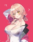  1girl ? bra bra_strap breasts cleavage fang hair_between_eyes harenchi highres jacket large_breasts long_hair nijisanji nui_sociere off-shoulder_shirt off_shoulder see-through shirt simple_background skin_fang solo underwear virtual_youtuber yellow_eyes 