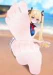  absurdres azur_lane black_ribbon blue_eyes crossed_legs dead_or_alive feet foot_focus frills highres long_hair marie_rose marie_rose_(devilish_servant_against_the_splashing_waves) pantyhose red_ribbon ribbon soles spread_toes swimsuit swimwear sym. toenails twintails white_legwear 