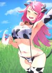  1girl :d animal_ears animal_print armpits bell bell_choker bikini blue_sky breasts cameltoe choker cloud covered_nipples cow_ears cow_horns cow_print cow_tail elbow_gloves gloves grass highres horns lactation lactation_through_clothes long_hair looking_at_viewer milk navel onodera_(einsatz) open_mouth original outdoors pink_eyes pink_hair single_glove sky smile solo sweat swimsuit tail thighhighs 