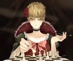  1girl beatrice_(umineko) bishop_(chess) blonde_hair board_game braid braided_bun chess chess_piece chessboard choker collarbone dress dzwartsy flower frilled_choker frilled_dress frills hair_flower hair_ornament holding holding_pipe juliet_sleeves king_(chess) kiseru knight_(chess) long_sleeves pawn pipe puffy_sleeves queen_(chess) red_eyes rook_(chess) smoking solo umineko_no_naku_koro_ni 