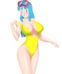  1girl :d artist_name bangs blue_eyes blue_hair blunt_bangs blunt_ends blush breasts casual_one-piece_swimsuit center_opening collarbone commentary covered_navel covered_nipples cowboy_shot diving_mask diving_mask_on_head dragon_ball dragon_ball_z english_commentary groin hand_up highleg highleg_swimsuit highres large_breasts legs_together looking_at_viewer mangakay marron one-piece_swimsuit open_mouth pulled_by_self self_upload sidelocks simple_background smile standing straight_hair strap_pull swimsuit swimwear white_background yellow_swimsuit 