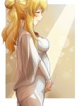  1girl blonde_hair border breasts brooch clarice_(idolmaster) closed_eyes dress from_side grey_capelet grey_dress hair_bun idolmaster idolmaster_cinderella_girls jewelry large_breasts long_hair motomoufu_(p_blanket) ponytail solo white_border 