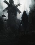  1other ambiguous_gender artist_name bloodborne boots capelet cloak coat copyright_name from_behind gloves gun hat highres holding holding_gun holding_weapon hunter_(bloodborne) outdoors saw_cleaver skeleton solo standing tricorne tripdancer weapon windmill 