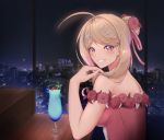  1girl ahoge akamatsu_kaede alternate_costume alternate_hair_ornament alternate_hairstyle artist_name bare_arms bare_shoulders blonde_hair blurry blurry_background blush c01a_(cola) cherry city cocktail_glass commentary cup danganronpa_(series) danganronpa_v3:_killing_harmony dress drinking_glass flower food from_side fruit grin hair_ornament hair_ribbon hand_up highres indoors long_hair looking_at_viewer musical_note musical_note_hair_ornament pink_dress purple_eyes repost_notice ribbon smile solo upper_body 