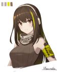  1girl armband artist_name bare_shoulders brown_eyes brown_hair color_guide girls_frontline green_hair headset highres light_smile long_hair looking_at_viewer m4a1_(girls_frontline) mausratten multicolored_hair ribbed_sweater scarf simple_background sleeveless solo streaked_hair sweater upper_body white_background 