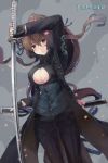  1girl alternate_costume black_coat black_gloves black_pants breasts brown_eyes brown_hair cherry_blossoms cleavage cleavage_cutout clothing_cutout coat finger_to_mouth flower gloves hair_flower hair_ornament highres himeyamato kantai_collection large_breasts long_hair looking_at_viewer pants ponytail sheath solo standing sword weapon yamato_(kantai_collection) 