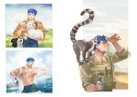  1boy alternate_costume animal bird blue_hair blue_sky border_collie bottle cu_chulainn_(fate)_(all) dog earrings fang fate/stay_night fate_(series) feeding guttia in_water jewelry lamb lancer lemur long_hair male_focus multiple_views navel nipples open_clothes open_mouth open_shirt outdoors penguin plaid plaid_shirt ponytail red_eyes sheep shirt sky sleeves_rolled_up spiked_hair type-moon water_bottle 