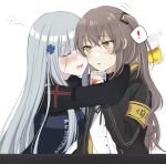  ! 2girls alcohol armband bangs blush breasts brown_hair closed_eyes cup drinking_glass drunk girls_frontline hair_ornament highres hk416_(girls_frontline) huge_breasts jacket long_hair multiple_girls one_side_up open_mouth scar scar_across_eye scarf silver_hair spoken_exclamation_mark sui_(camellia) sweatdrop ump45_(girls_frontline) yellow_eyes yuri 