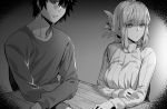  1boy 1girl bangs braid braided_ponytail breasts fate/grand_order fate_(series) florence_nightingale_(fate/grand_order) folded_ponytail fujimaru_ritsuka_(male) greyscale hxd large_breasts long_hair long_sleeves monochrome ribbed_sweater short_hair sweater turtleneck turtleneck_sweater 