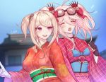  2girls :d akamatsu_kaede antenna_hair architecture artist_name bangs black_choker blonde_hair blurry blurry_background blush bow breasts c01a_(cola) choker clenched_hand closed_eyes commentary danganronpa_(series) danganronpa_v3:_killing_harmony day east_asian_architecture english_commentary fang flower flying_sweatdrops gloves goggles goggles_on_head hair_flower hair_ornament highres iruma_miu japanese_clothes kimono large_breasts long_hair multiple_girls obi open_mouth orange_kimono outdoors pink_eyes red_flower red_kimono red_rose rose sash smile twintails upper_teeth wide_sleeves yukata 