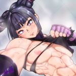  1girl abs angry bangs biceps black_hair blunt_bangs blush bracelet breasts drill_hair dutch_angle embarrassed fang fingerless_gloves gloves halterneck han_juri hori_shin jewelry looking_at_viewer muscular muscular_female nail_polish nervous nipples no_bra one_breast_out outstretched_arm purple_eyes purple_nails short_hair solo spiked_bracelet spikes steam street_fighter street_fighter_v sweat sweatdrop tearing_clothes tiles toned torn_clothes twin_drills upper_body 