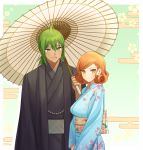  1boy 1girl :d ahoge alternate_costume bangs black_kimono blue_kimono blush border breasts brown_hair commentary_request danganronpa_another floral_print from_side frown green_eyes green_hair highres holding holding_umbrella japanese_clothes kimono looking_at_viewer medium_breasts mekaru_rei obi oil-paper_umbrella open_mouth orange_eyes orange_hair otori_teruya ponytail ppakunak sash shared_umbrella short_hair short_ponytail smile super_danganronpa_another_2 umbrella upper_body white_border yellow_eyes 