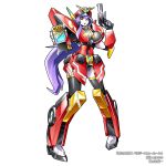  1girl aku_no_onna_kanbu:_perigee_new_moon artist_name breasts brown_eyes copyright_name gun handgun highres holding holding_gun holding_weapon kouichi_(kouichi-129) large_breasts long_hair looking_at_viewer m.o.e. mecha no_humans official_art open_mouth pistol purple_hair robot solo weapon white_background 