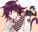  2boys ahoge animal_ears artist_name bangs black_hair black_jacket blush brown_background brown_eyes c01a_(cola) cat_boy cat_ears cat_tail checkered checkered_neckwear checkered_scarf commentary danganronpa_(series) danganronpa_v3:_killing_harmony english_commentary flying_sweatdrops grin hair_between_eyes hand_up highres index_finger_raised jacket kemonomimi_mode long_sleeves looking_at_viewer male_focus multiple_boys open_mouth ouma_kokichi paw_print_background purple_eyes saihara_shuuichi scarf short_hair smile solo_focus straitjacket striped_jacket tail upper_body white_jacket 