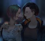  2girls arm_around_shoulder breasts cigarette cigarette_kiss cleavage crop_top cyberpunk_2077 cyborg highres jacket judy_alvarez looking_at_another multicolored_hair multiple_girls night shirt tank_top tattoo tied_shirt two-tone_hair undercut v_(female) yorukun yuri 