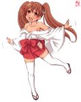  1girl absurdres alternate_costume artist_logo brown_eyes brown_hair commentary_request cosplay dated fang full_body hair_ribbon hakama hakama_skirt highres hip_vent japanese_clothes kanon_(kurogane_knights) kantai_collection libeccio_(kantai_collection) long_hair looking_at_viewer miko off-shoulder_kimono red_hakama ribbon saki sandals simple_background solo standing standing_on_one_leg tan thighhighs twintails usuzumi_hatsumi usuzumi_hatsumi_(cosplay) white_background white_legwear 