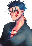  1boy alternate_costume angry beads blue_hair bodypaint close-up closed_mouth collared_shirt cu_chulainn_(fate)_(all) cu_chulainn_alter_(fate/grand_order) dark_blue_hair dark_persona dated earrings facepaint fate/grand_order fate_(series) hair_beads hair_ornament jewelry long_hair looking_at_viewer male_focus nishiyama_(whatsoy) open_clothes open_shirt ponytail red_eyes shiny shirt short_sleeves signature simple_background slit_pupils solo spiked_hair type-moon white_background 