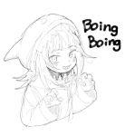  1girl animal_hood bangs blunt_bangs claw_pose cropped_torso gawr_gura greyscale haiokumantan_c hololive hololive_english hood looking_up medium_hair monochrome open_mouth shark_hood sharp_teeth sketch smile solo teeth virtual_youtuber white_background 