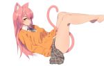  1girl animal_ear_fluff animal_ears bare_legs between_legs bow bowtie braid breasts candy cardigan cat_ears cat_girl cat_tail copyright_request food food_in_mouth from_side grey_bow grey_neckwear grey_skirt highres legs legs_up lollipop long_hair long_sleeves looking_at_viewer looking_to_the_side lying medium_breasts miniskirt on_back orange_cardigan orange_eyes pink_hair plaid plaid_neckwear plaid_skirt simple_background skirt solo tail very_long_hair white_background wing_collar xu_ni 