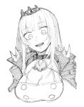  1girl bangs blunt_bangs breasts cape cleavage cleavage_cutout clothing_cutout cropped_torso eyebrows_visible_through_hair graphite_(medium) greyscale haiokumantan_c hatching_(texture) hololive hololive_english large_breasts looking_down monochrome mori_calliope open_mouth solo spikes tiara traditional_media virtual_youtuber white_background 