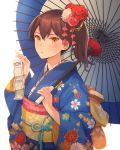  1girl blue_kimono blush brown_eyes brown_hair floral_print hair_between_eyes highres holding holding_umbrella japanese_clothes kaga_(kantai_collection) kantai_collection kasumi_(skchkko) kimono long_hair long_sleeves obi oil-paper_umbrella omikuji parted_lips print_kimono sash side_ponytail simple_background solo umbrella upper_body white_background wide_sleeves 