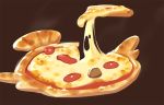  brown_background cheese cheese_trail donuttypd food gen_5_pokemon mushroom no_humans pepperoni pizza pokemon simple_background steam still_life stunfisk 