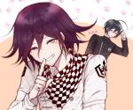  2boys ahoge artist_name bangs black_hair black_jacket blush brown_background brown_eyes c01a_(cola) checkered checkered_neckwear checkered_scarf commentary danganronpa_(series) danganronpa_v3:_killing_harmony english_commentary flying_sweatdrops grin hair_between_eyes hand_up highres index_finger_raised jacket long_sleeves looking_at_viewer male_focus multiple_boys open_mouth ouma_kokichi paw_print_background purple_eyes saihara_shuuichi scarf short_hair smile solo_focus straitjacket striped_jacket upper_body white_jacket 