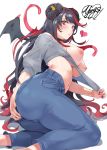  1girl bangs black_hair black_nails blush breasts commentary_request covering covering_ass demon_girl demon_horns demon_wings denim fingernails grey_shirt heart highres horns jeans long_hair looking_at_viewer multicolored_hair navel nipples ogino_atsuki original pants red_eyes red_hair shirt simple_background solo stomach succubus swept_bangs twitter underwear very_long_hair white_background wings 