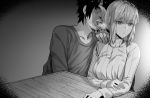  1boy 1girl bangs braid braided_ponytail breasts fate/grand_order fate_(series) florence_nightingale_(fate/grand_order) folded_ponytail fujimaru_ritsuka_(male) greyscale hxd large_breasts long_hair long_sleeves monochrome ribbed_sweater short_hair sweater turtleneck turtleneck_sweater 