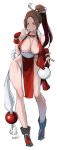  1girl bare_shoulders black_footwear breasts brown_eyes brown_hair butcha-u cleavage closed_fan closed_mouth fan fatal_fury folding_fan high_ponytail highres holding holding_fan large_breasts ninja pelvic_curtain ponytail revealing_clothes rope shiranui_mai smile the_king_of_fighters thighs white_background 