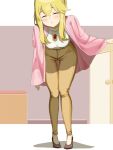  1girl :o blonde_hair blush breasts brooch brown_pants cape clarice_(idolmaster) closed_eyes collarbone hair_between_eyes idolmaster idolmaster_cinderella_girls jewelry large_breasts leaning_forward motomoufu_(p_blanket) necklace pants pink_cape shirt solo thigh_gap white_shirt 