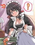  ! 1girl ^^^ apron azur_lane bed blush breasts brown_hair cleavage condom curtains dress embarrassed glasgow_(azur_lane) green_eyes lamp large_breasts low_twintails maid maid_headdress solo spoken_exclamation_mark tsuzuri_(tuzuri) twintails used_condom window 