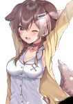  1girl ;d absurdres animal_ears armpits arms_up bangs blush bone_hair_ornament braid breasts brown_eyes buta_tamako cleavage collar collarbone dog_ears dog_girl dog_tail dress eyebrows_visible_through_hair fang hair_ornament highres hololive inugami_korone jacket long_hair long_sleeves looking_at_viewer medium_breasts one_eye_closed open_clothes open_jacket open_mouth simple_background smile solo stretch tail twin_braids upper_body white_background white_dress yellow_jacket 