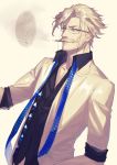  1boy blue_neckwear facial_hair fate/grand_order fate_(series) glasses grey_eyes grey_hair highres james_moriarty_(fate/grand_order) looking_at_viewer male_focus mouth_hold mustache necktie old old_man simple_background sketch smoking solo speech_bubble standing suzuki_rui undone_necktie upper_body white_background 