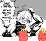  1girl ahoge angry blush clenched_hands english_commentary english_text eyebrows_visible_through_hair frown girls_frontline goggles goggles_around_neck hair_between_eyes happy_meal highres jacket long_hair mcdonald&#039;s meme monochrome nym off_shoulder open_mouth pkp_(girls_frontline) ponytail scrunchie side_ponytail solo spot_color 